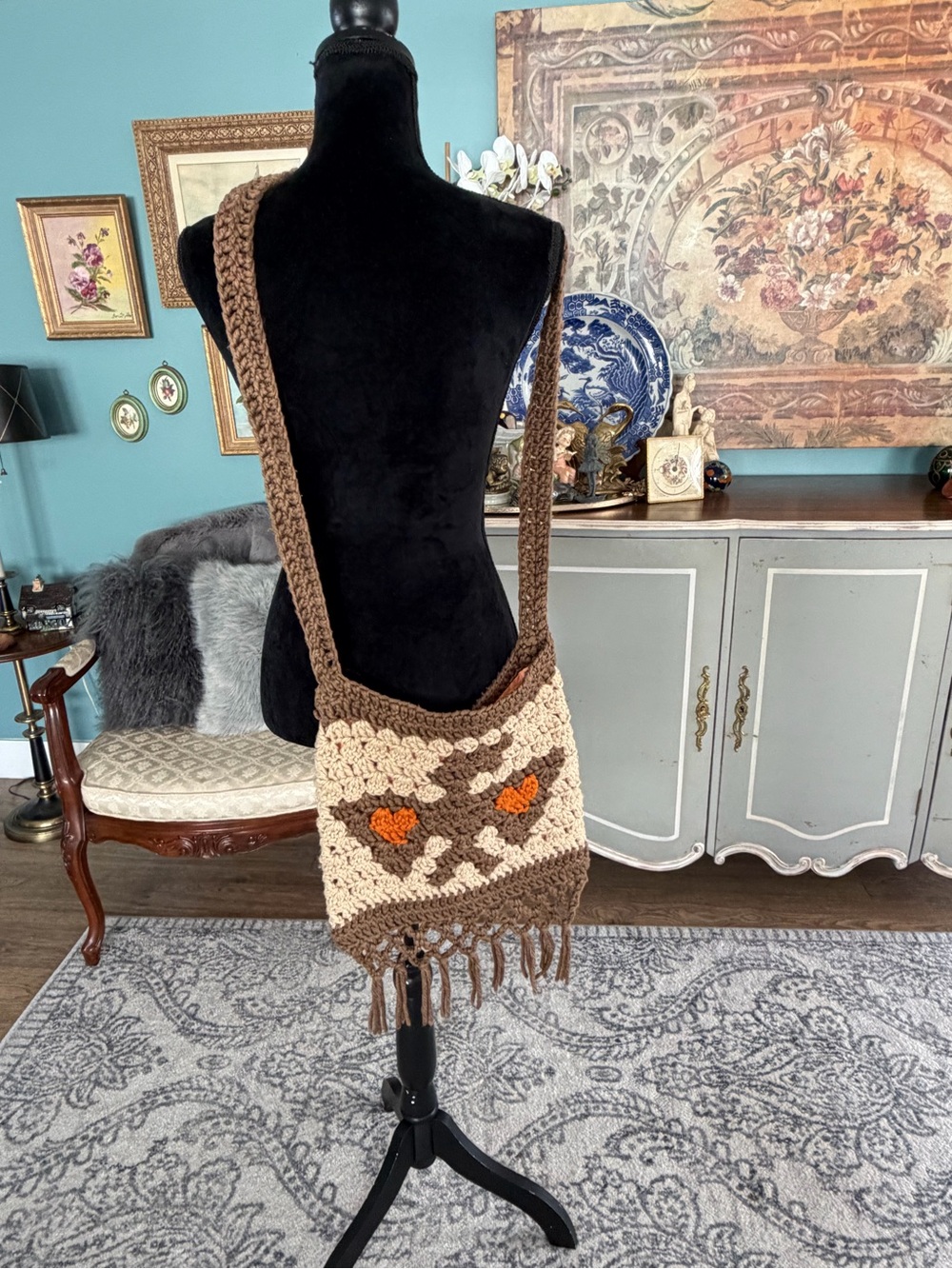 Vintage Handmade Crochet Crossbody Bag in Brown, Cream & Orange